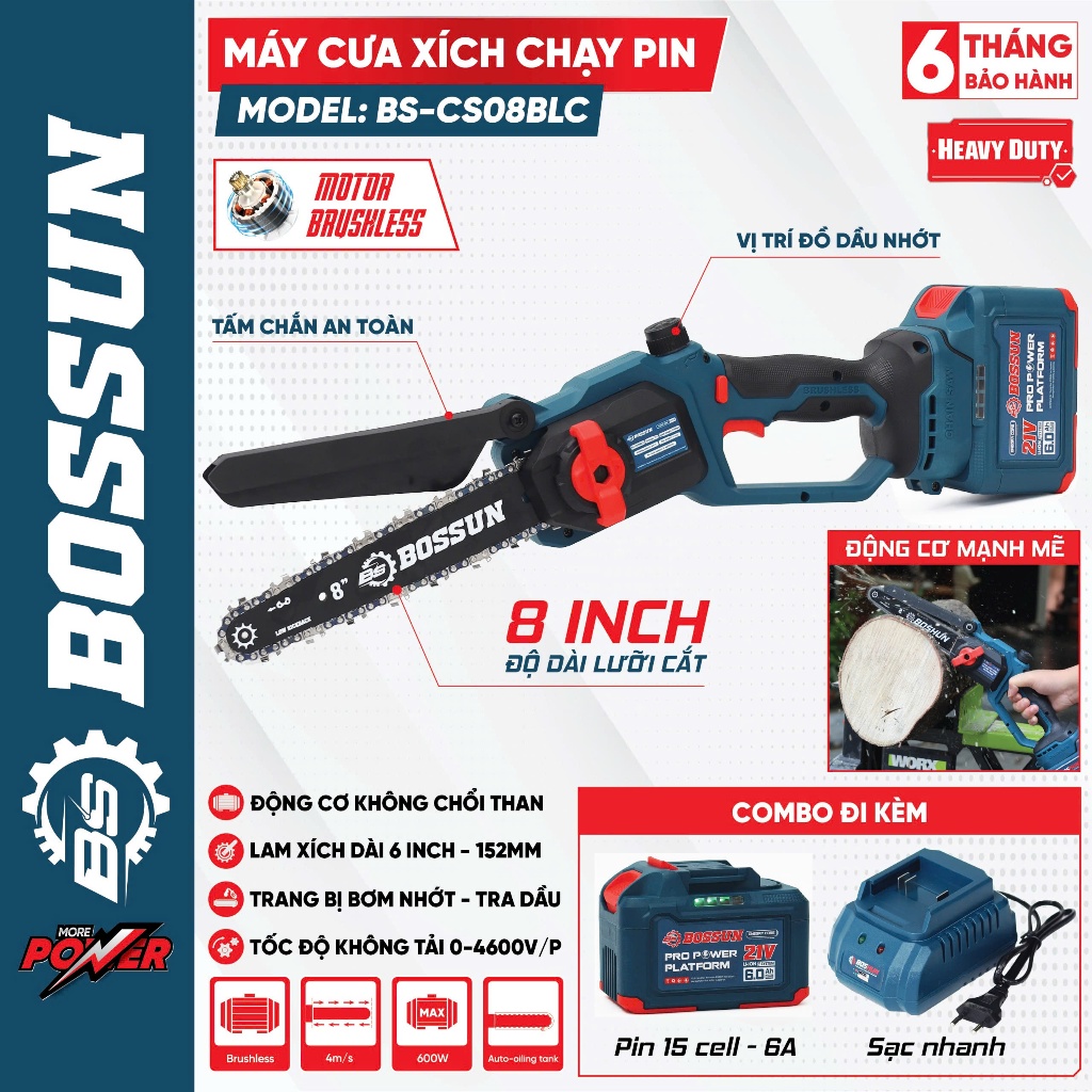 [Bảo Hành 12 Tháng] Máy Cưa Xích Bossun 8inch BS-CS08BLC Không Chổi Than, 100% Lõi Đồng, Chính Hãng Chuyên Cưa, Cắt Gỗ