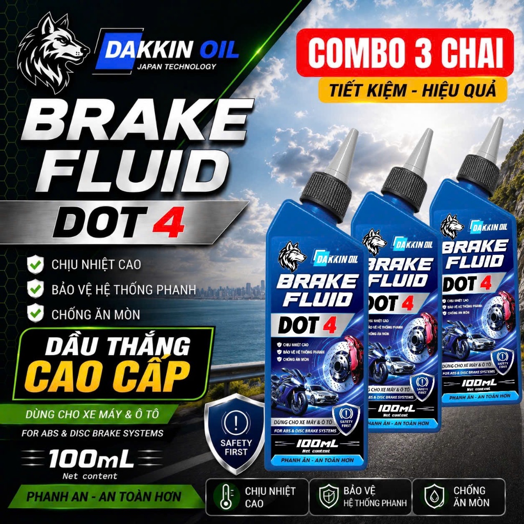 COMBO 3 CHAI DẦU THẮNG  AKLUBE BRAKE FLUID DOT 4 - DẦU THẮNG CAO CẤP  -  100ML