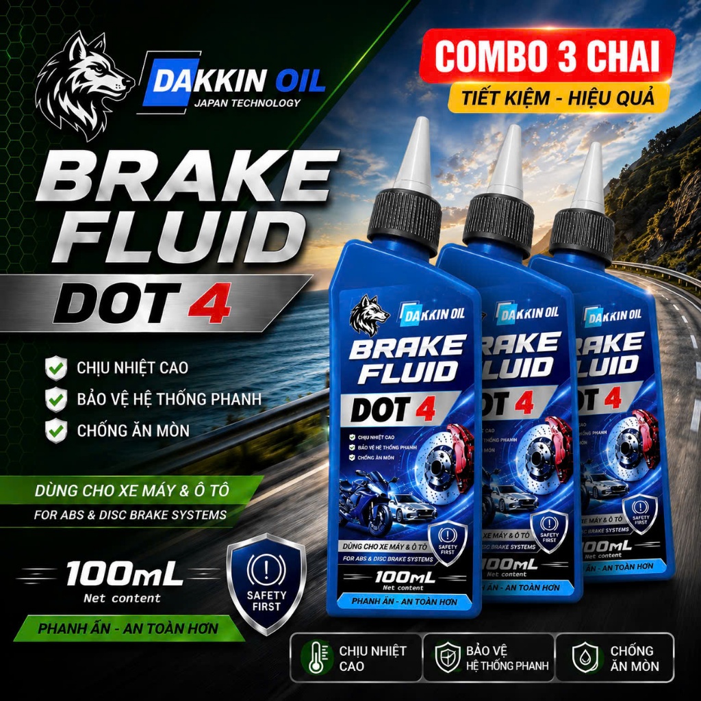 COMBO 3 CHAI DẦU THẮNG  AKLUBE BRAKE FLUID DOT 4 - DẦU THẮNG CAO CẤP  -  100ML