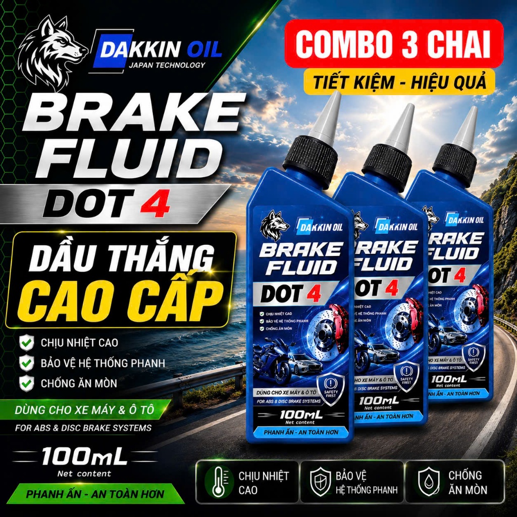 COMBO 3 CHAI DẦU THẮNG  AKLUBE BRAKE FLUID DOT 4 - DẦU THẮNG CAO CẤP  -  100ML