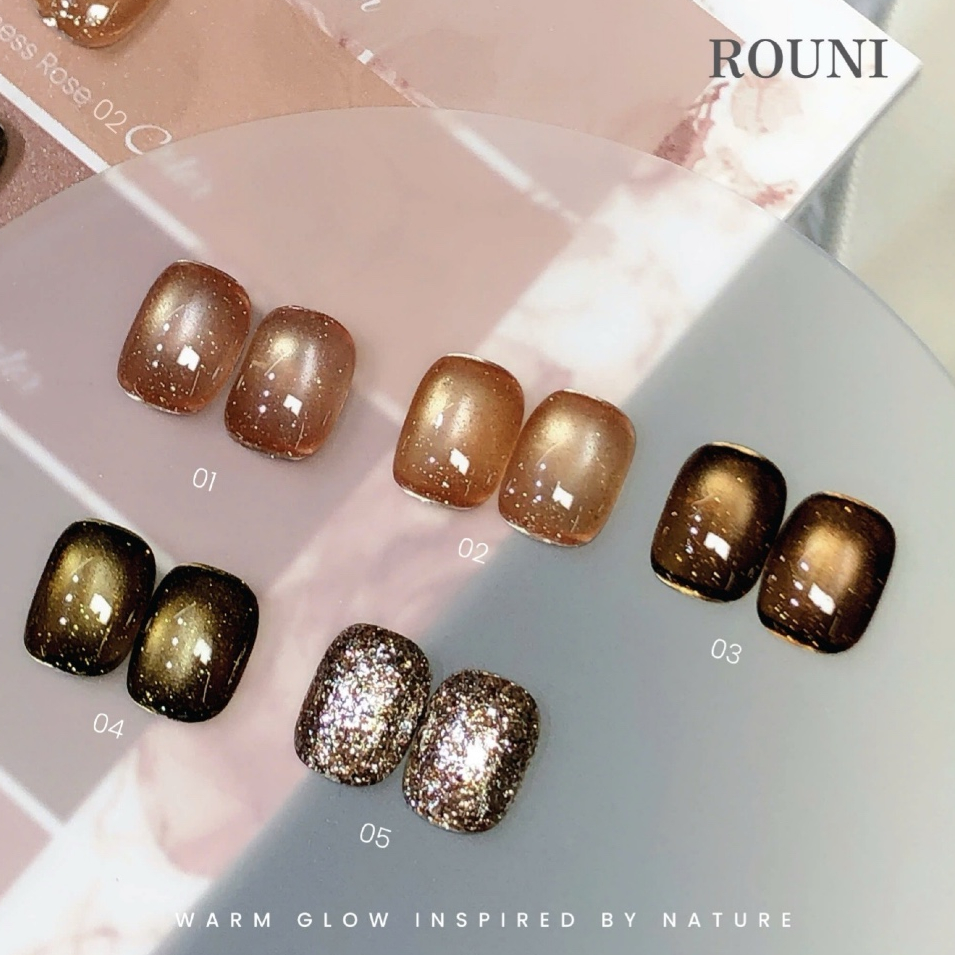 Set sơn gel ROUNI Wilderness Rose 5 màu mắt mèo thuỷ tinh kết hợp nhũ lấp lánh tone nâu