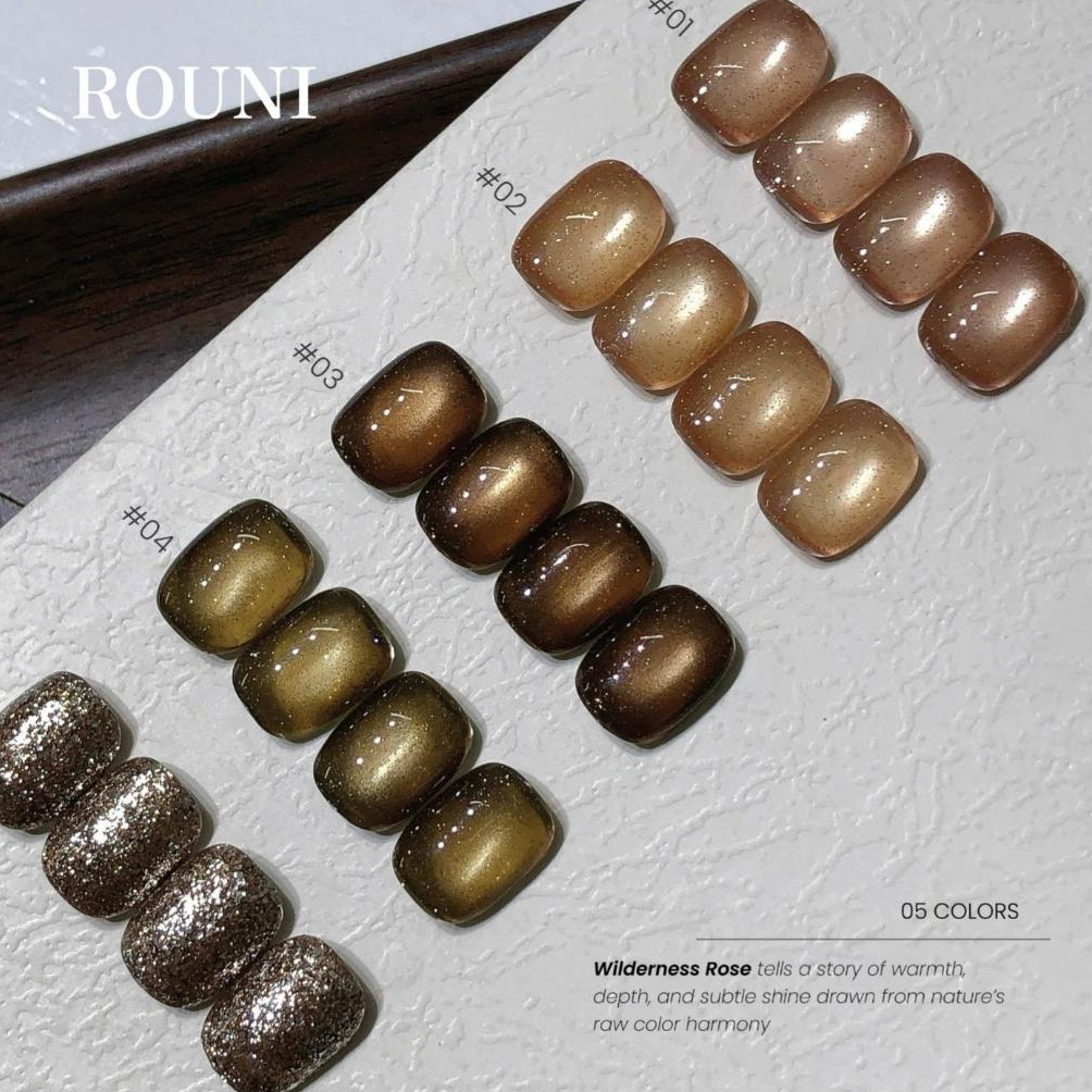 Set sơn gel ROUNI Wilderness Rose 5 màu mắt mèo thuỷ tinh kết hợp nhũ lấp lánh tone nâu