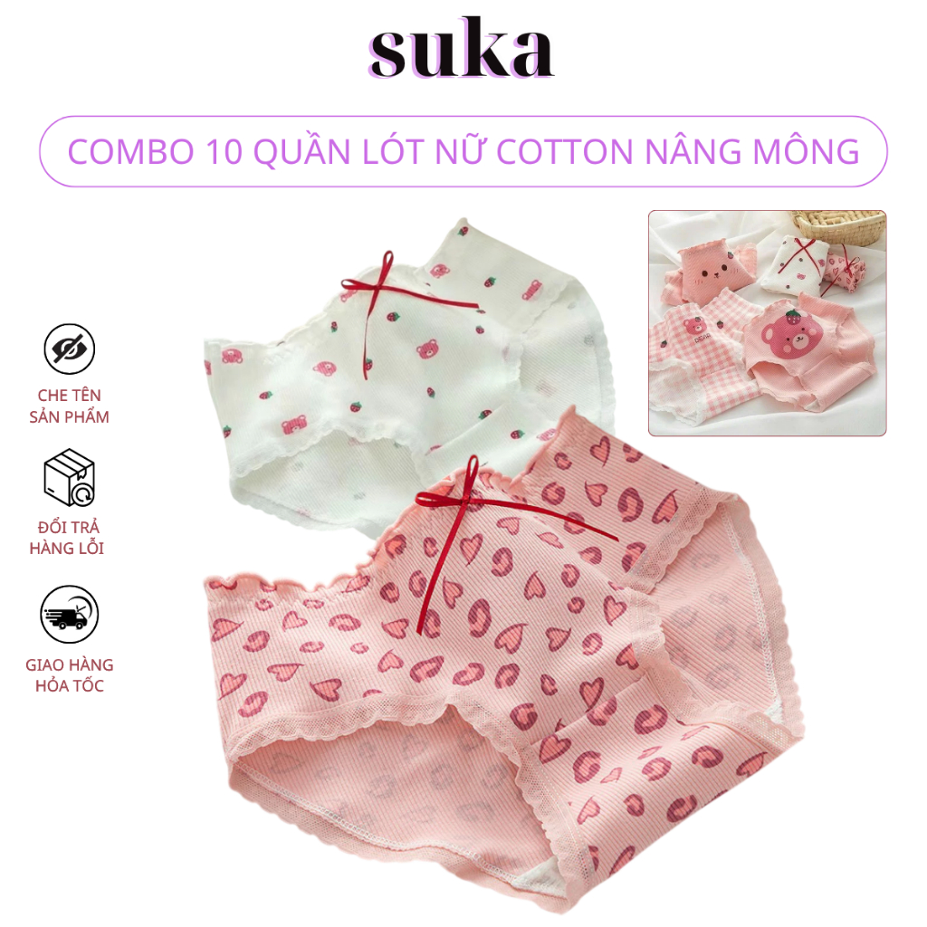 Combo 10 Quần Lót Tam Giác Cotton Thoáng Khí Kháng Khuẩn Màu Hồng Hình Dâu Dễ Thương Cho Nữ 582