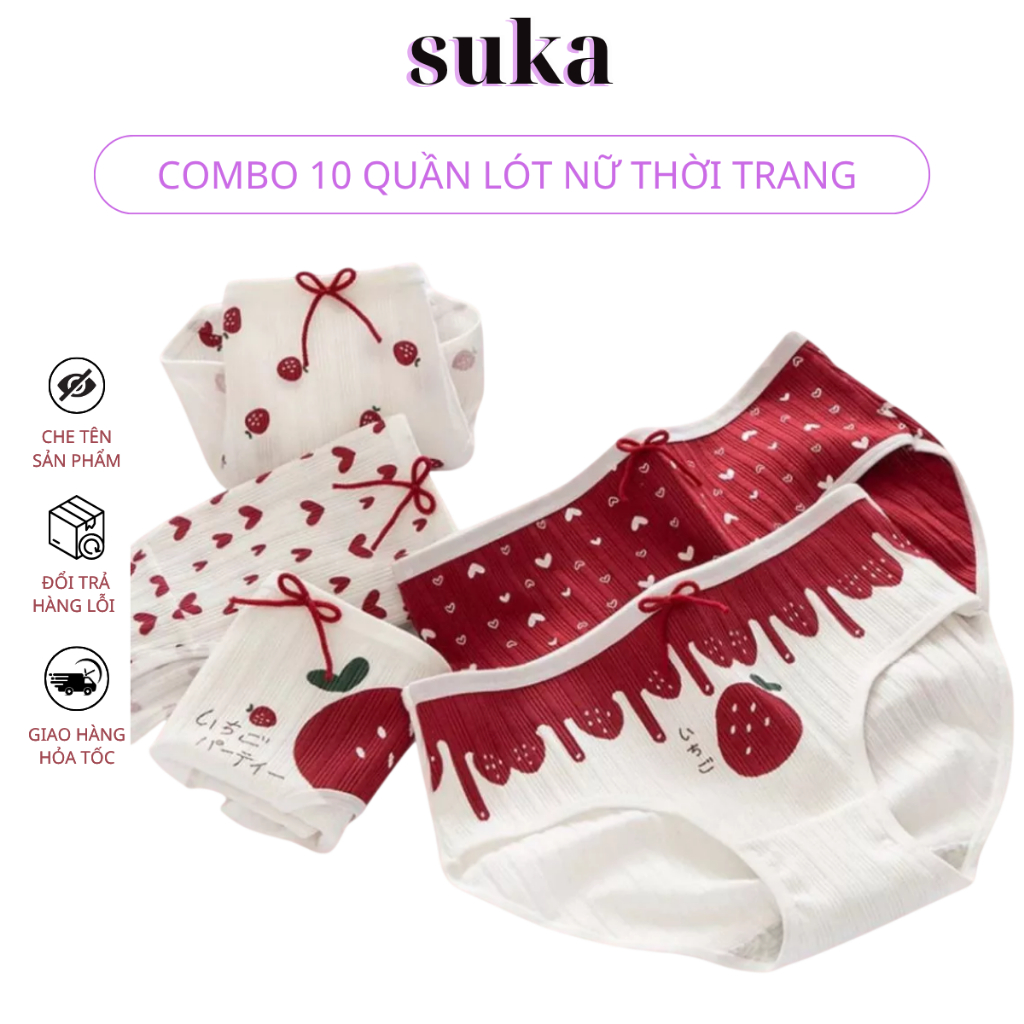 Combo 10 quần lót nữ cotton dễ thương phong cách Hàn Quốc, in dâu tây 587
