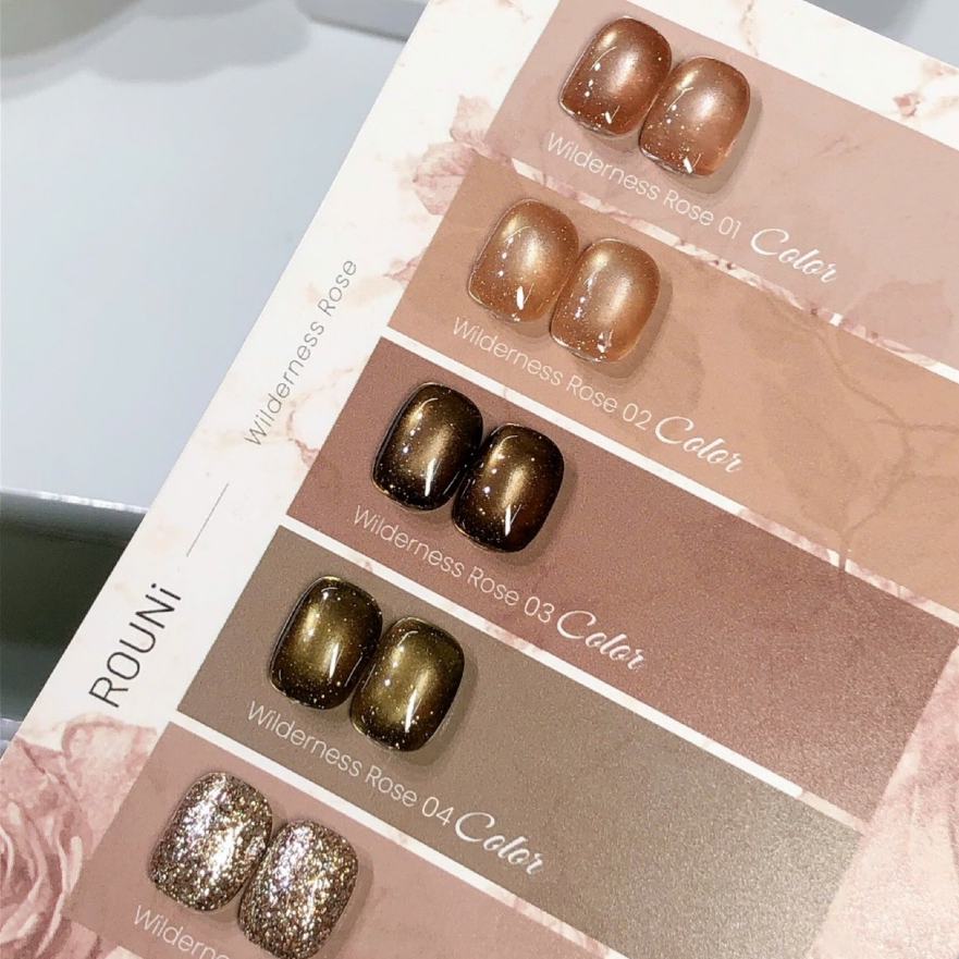Sơn gel ROUNI Wilderness Rose 5 màu mắt mèo thuỷ tinh kết hợp nhũ lấp lánh tone nâu