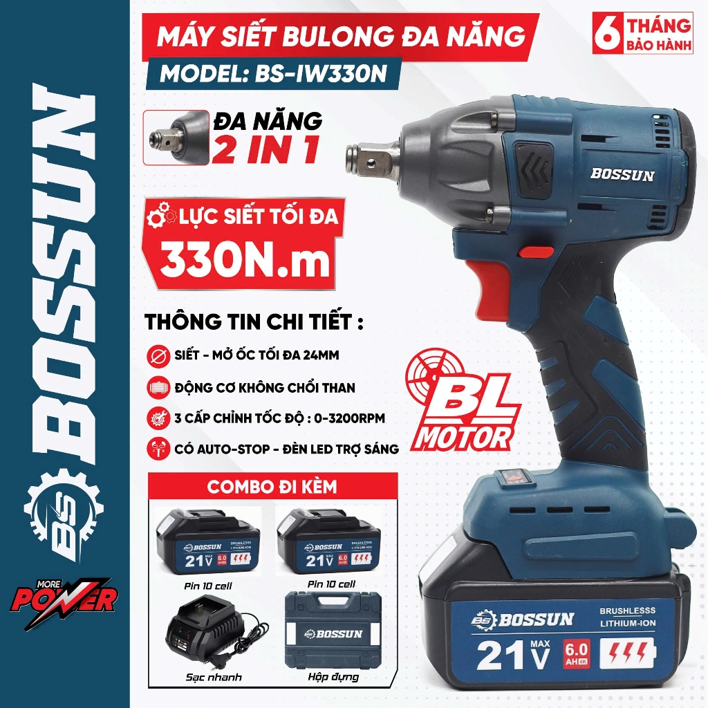 Máy Siết Bulong BOSSUN BS-IW330N, Đầu Khẩu 1/2 Đa Năng, Động Cơ Không Than, Chân Phổ Thông