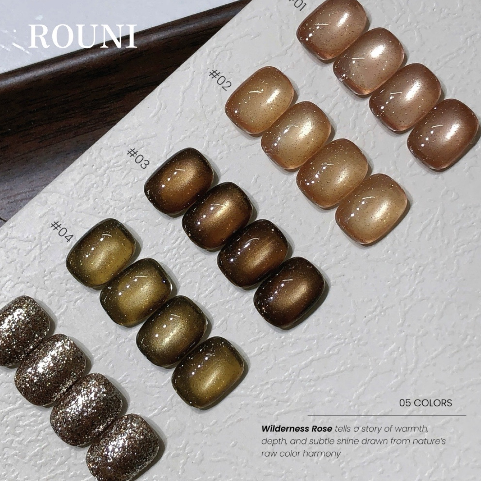 Sơn gel ROUNI Wilderness Rose 5 màu mắt mèo thuỷ tinh kết hợp nhũ lấp lánh tone nâu