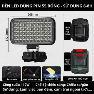 Đèn led 35/55 mắt siêu sáng sử dụng chân pin phổ thông MAKITA có 2 chế độ sáng, có 2 cổng sạc USB