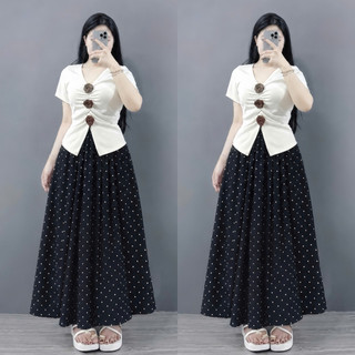 Set Áo Váy Bigsize Nữ Nàng Thơ (CÓ LẺ ÁO/VÁY) Áo Thun Cổ Tim Gắn Hoa Kèm Váy Dài Chấm Bi A275+CV422