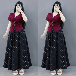 Set Áo Váy Bigsize Nữ Nàng Thơ (CÓ LẺ ÁO/VÁY) Áo Thun Cổ Tim Gắn Hoa Kèm Váy Dài Chấm Bi A275+CV422