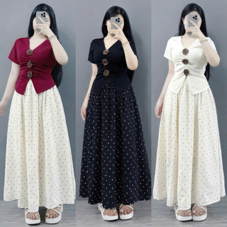 Set Áo Váy Bigsize Nữ Nàng Thơ (CÓ LẺ ÁO/VÁY) Áo Thun Cổ Tim Gắn Hoa Kèm Váy Dài Chấm Bi A275+CV422