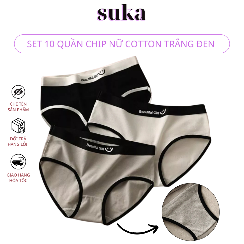 Combo 10 Quần Lót Nữ Cá Tính Phối Viền Đen Trắng – Cạp Chữ Năng Động 739