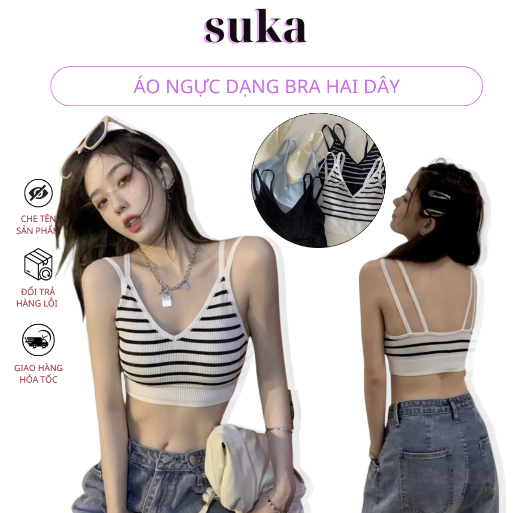 Áo Ngực Dạng Bra Hai Dây Cotton Gân Sọc Co Dãn Thoáng Mát Cổ V Sexy 831
