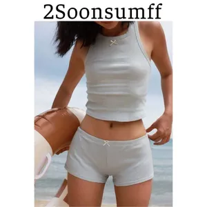 2Soonsumff Set 2 món áo ba lỗ cổ tròn không tay mix quần short ngắn thun cotton co giãn ôm body mùa hè cho nữ