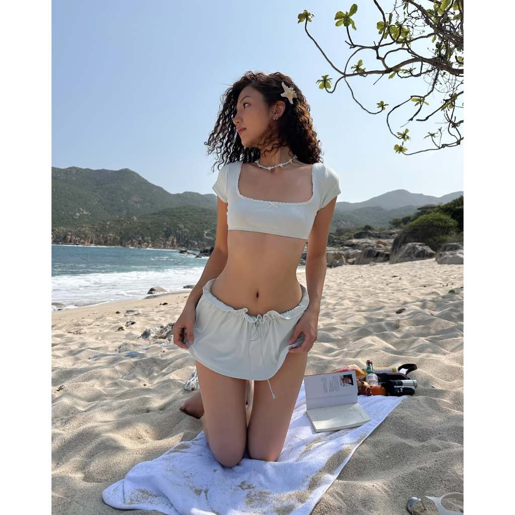[HỎA TỐC HÀ NỘI] 2Soonsumff Set 2 món áo crotop tay ngắn cổ vuồng viền ren phối chân váy ngắn xòe mùa hè đi biển cho nữ