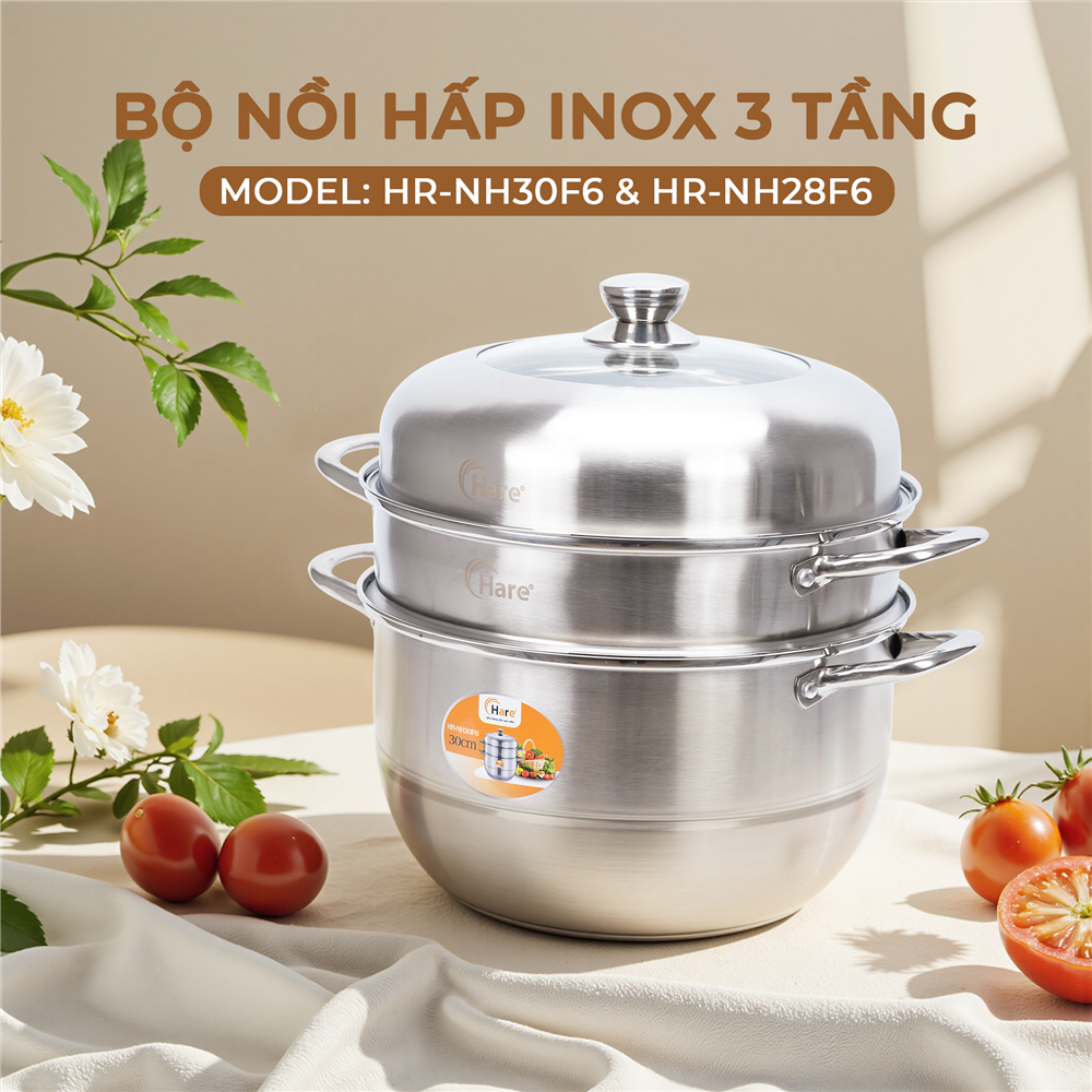 Bộ Nồi Hấp 3 Tầng Hare HR-SP300 Inox 201 Đường Kính 30cm Dùng Mọi Loại Bếp