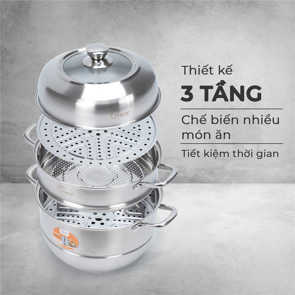 Bộ Nồi Hấp 3 Tầng Hare HR-SP300 Inox 201 Đường Kính 30cm Dùng Mọi Loại Bếp