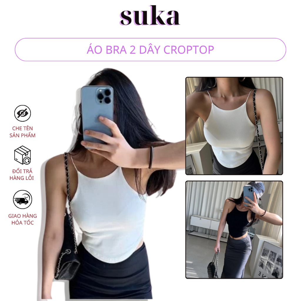 Áo Bra 2 Dây Croptop Sợi Bún Có Đệm Nâng Ngực Dáng Ôm Thoáng Mát 1868