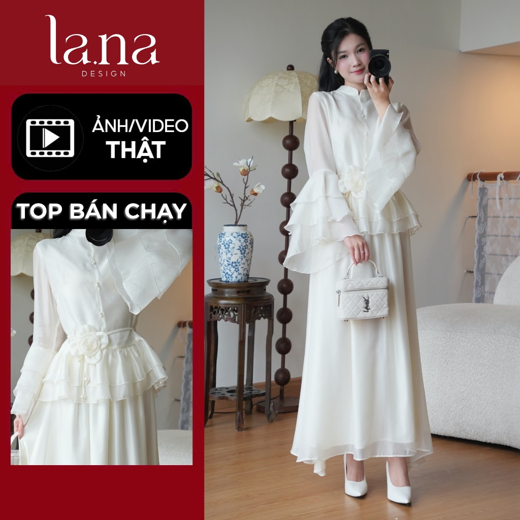 Set váy Lam Anh thiết kế LA.NA DESIGN chất liệu tằm óng mềm mịn màu be có kèm dây đai hoa - SV379