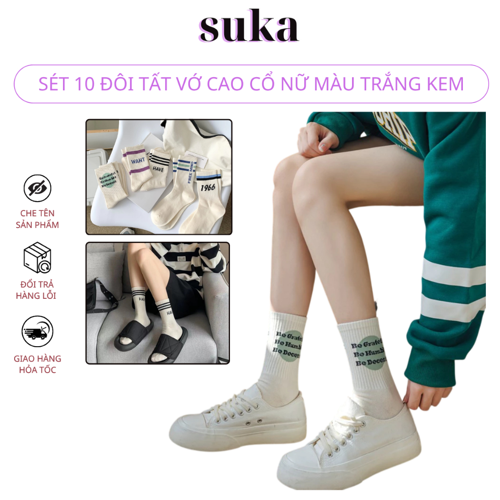 Combo 10 Đôi Tất vớ cao cổ nữ màu trắng kem hoạ tiết- Style Hàn Quốc thể thao, năng động 1966