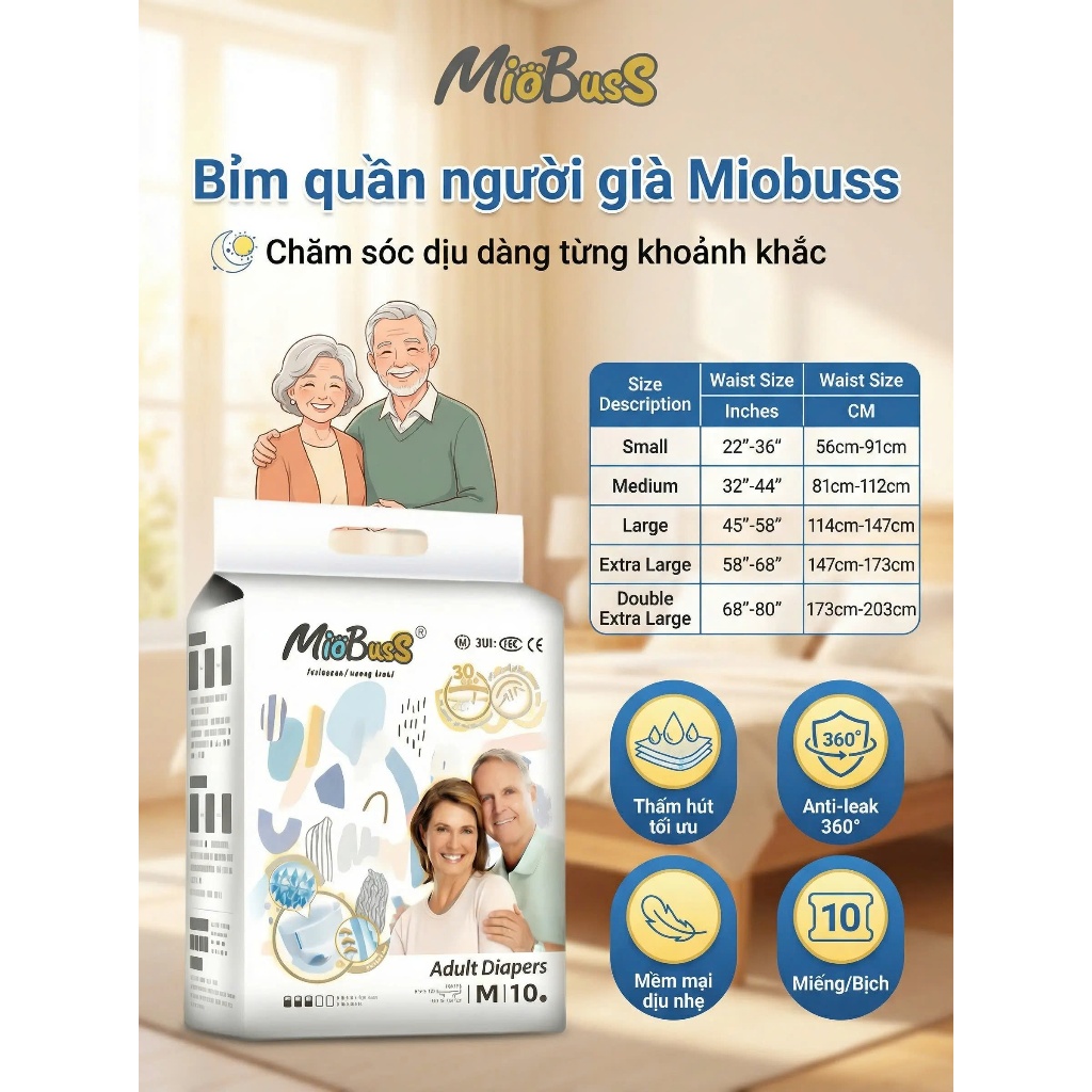 [50 miếng] MioBusS  Bỉm quần người già – Êm mềm, dễ mặc, thấm hút nhanh, chống tràn hiệu quả