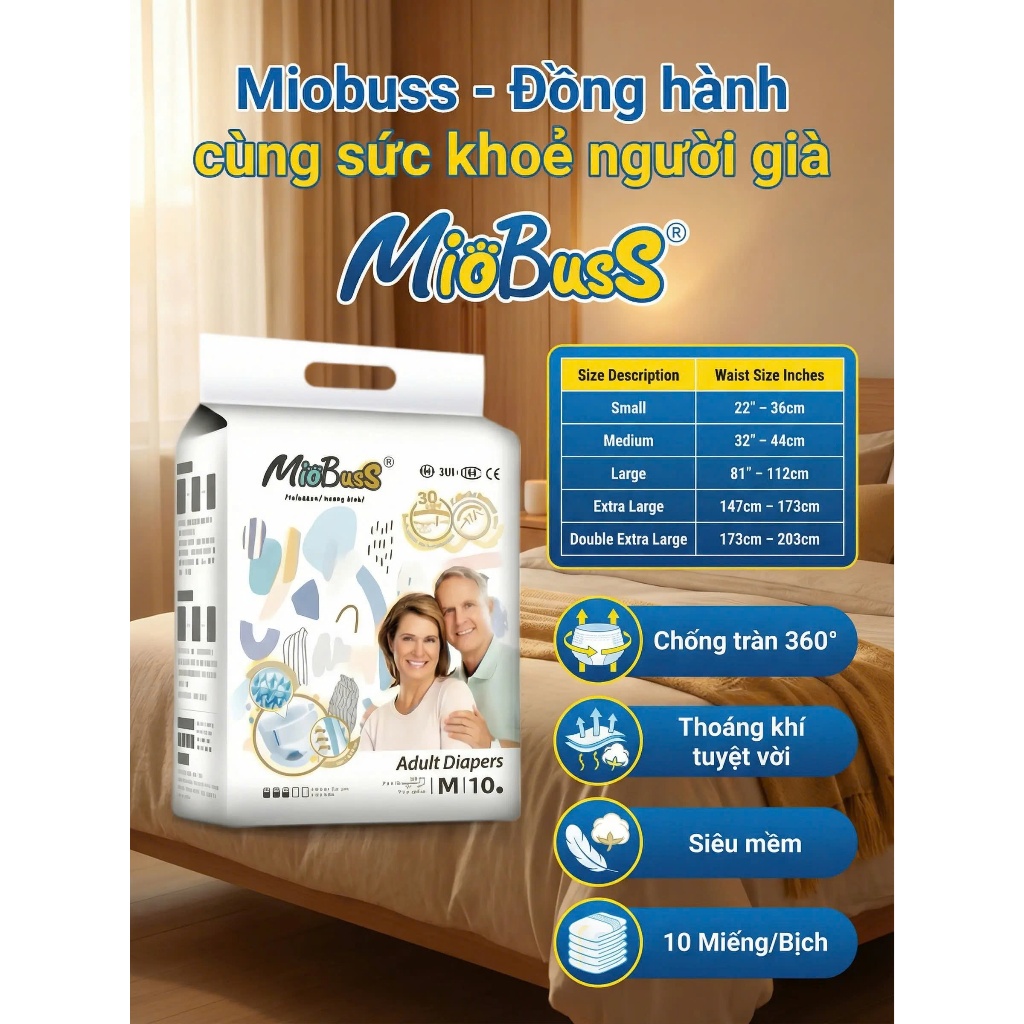 [50 miếng] MioBusS  Bỉm quần người già – Êm mềm, dễ mặc, thấm hút nhanh, chống tràn hiệu quả