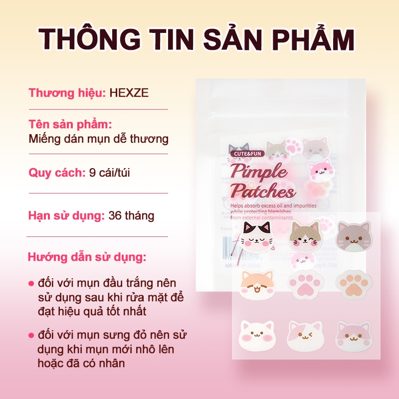Miếng dán mụn HEXZE hình mèo dễ thương hỗ trợ kháng khuẩn, lành mụn nhanh