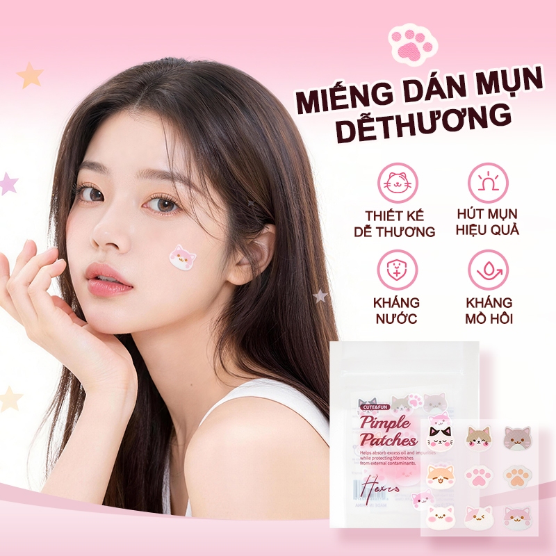 Miếng dán mụn HEXZE hình mèo dễ thương hỗ trợ kháng khuẩn, lành mụn nhanh