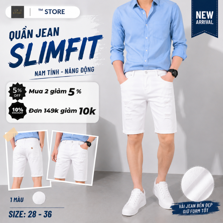 Quần Short Jean Nam Trắng Co Giãn Form Đẹp Phong Cách Hàn Quốc TM JEAN FOR MEN