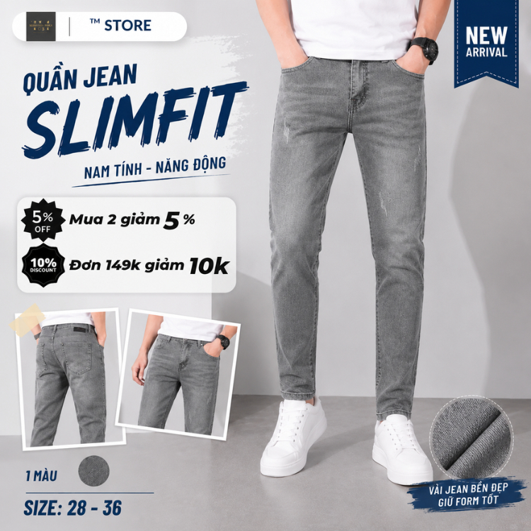 Quần jean nam xám bạc SKINNY - quần bò dài hottren vải DENIM, cotton co dãn chuẩn form dễ phối đồ