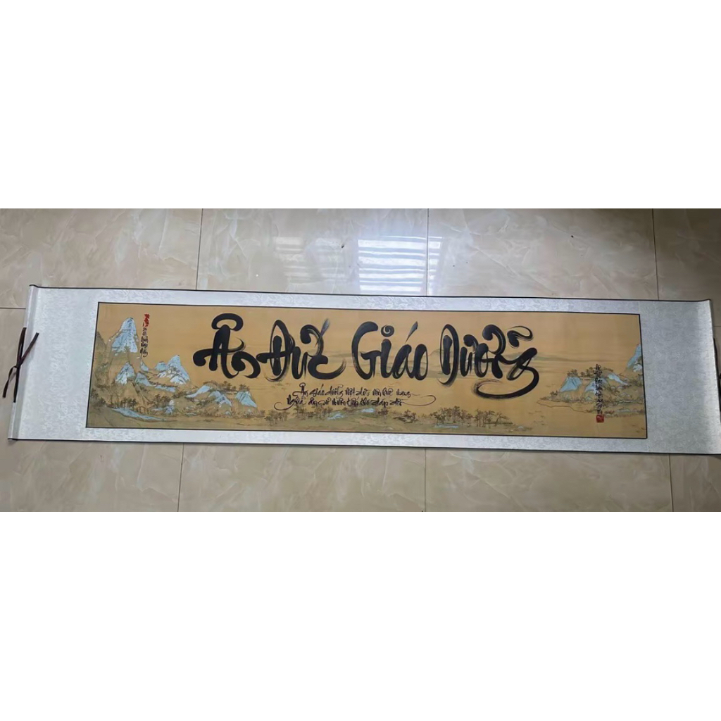 Biểu lụa trường hoành viết đại tự kích thước 40x178cm – thích hợp treo phòng khách, phòng thờ, thư phòng