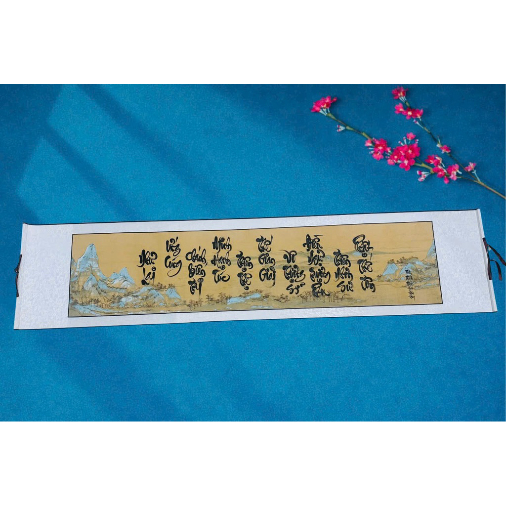 Biểu lụa trường hoành viết đại tự kích thước 40x178cm – thích hợp treo phòng khách, phòng thờ, thư phòng