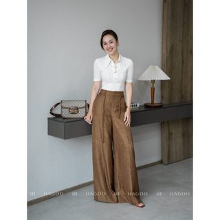 Quần suông bấu ly kèm dây đai HAGOO cạp diễu 2 màu Nâu/Trắng thiết kế cao cấp [Q760]