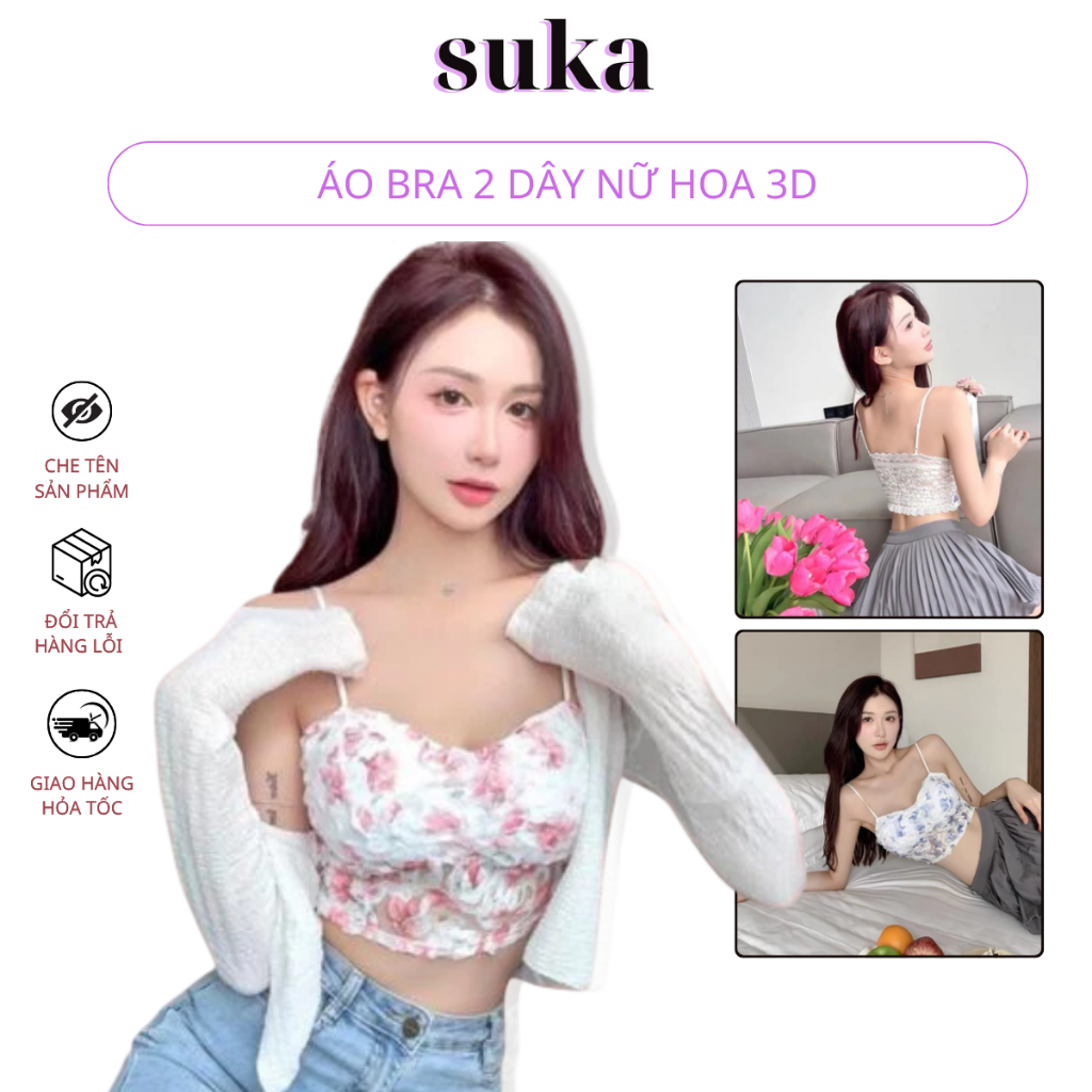 Áo bra 2 dây nữ hoa 3D Áo ngực kèm mút mỏng xinh xăn 7697