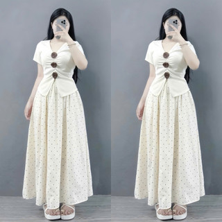 Set Áo Váy Bigsize Nữ Nàng Thơ (CÓ LẺ ÁO/VÁY) Áo Thun Cổ Tim Gắn Hoa Kèm Váy Dài Chấm Bi A275+CV422