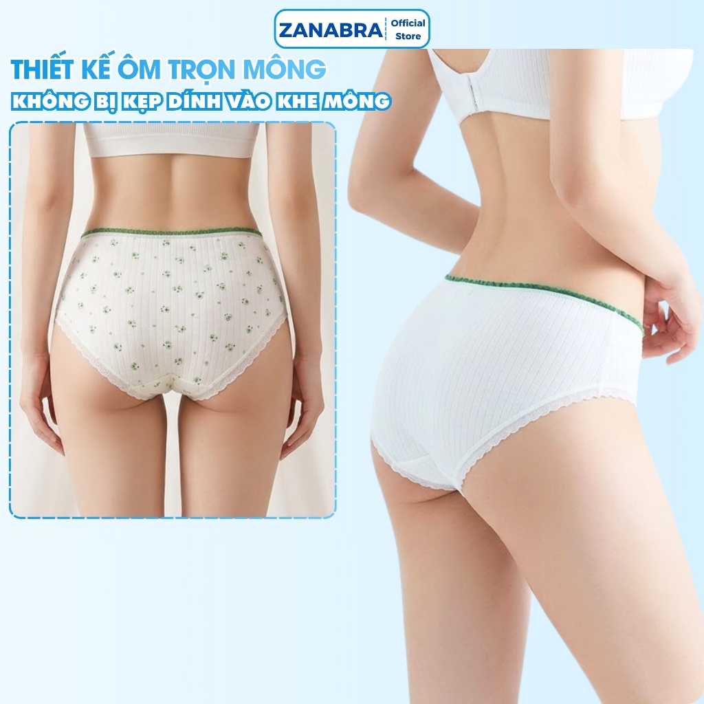 Quần Lót Nữ Cotton Họa Tiết Hoa Nhí Xinh Xắn, Quần Lót Cotton Viền Ren Đáy May 2 Lớp ZANABRA L311