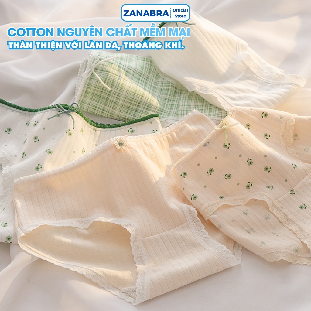Quần Lót Nữ Cotton Họa Tiết Hoa Nhí Xinh Xắn, Quần Lót Cotton Viền Ren Đáy May 2 Lớp ZANABRA L311
