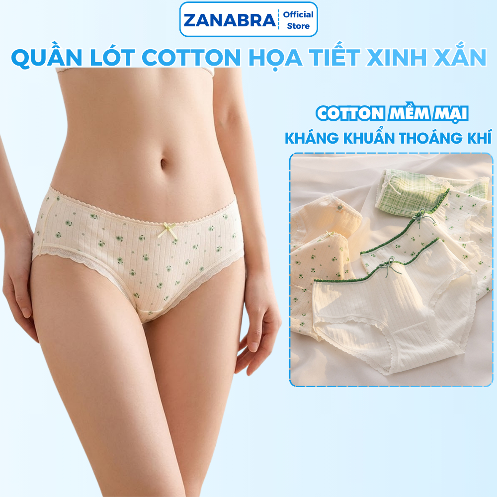 Quần Lót Nữ Cotton Họa Tiết Hoa Nhí Xinh Xắn, Quần Lót Cotton Viền Ren Đáy May 2 Lớp ZANABRA L311