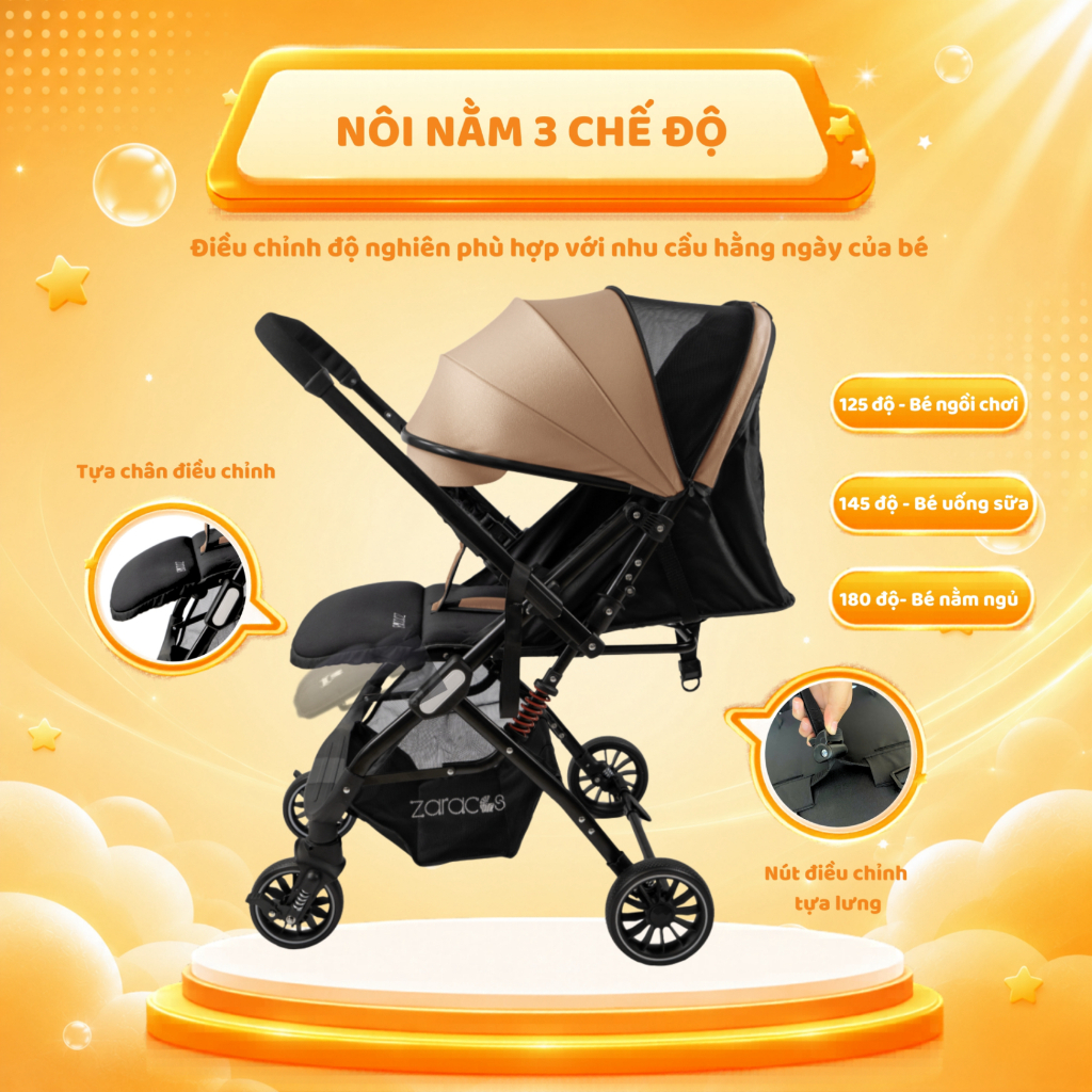 Xe Đẩy Gấp Gọn Đảo 2 Chiều Cho Bé Zaracos Evian 2996 Grey/Blue/Brown Cao Cấp Chính Hãng BH 3 Năm