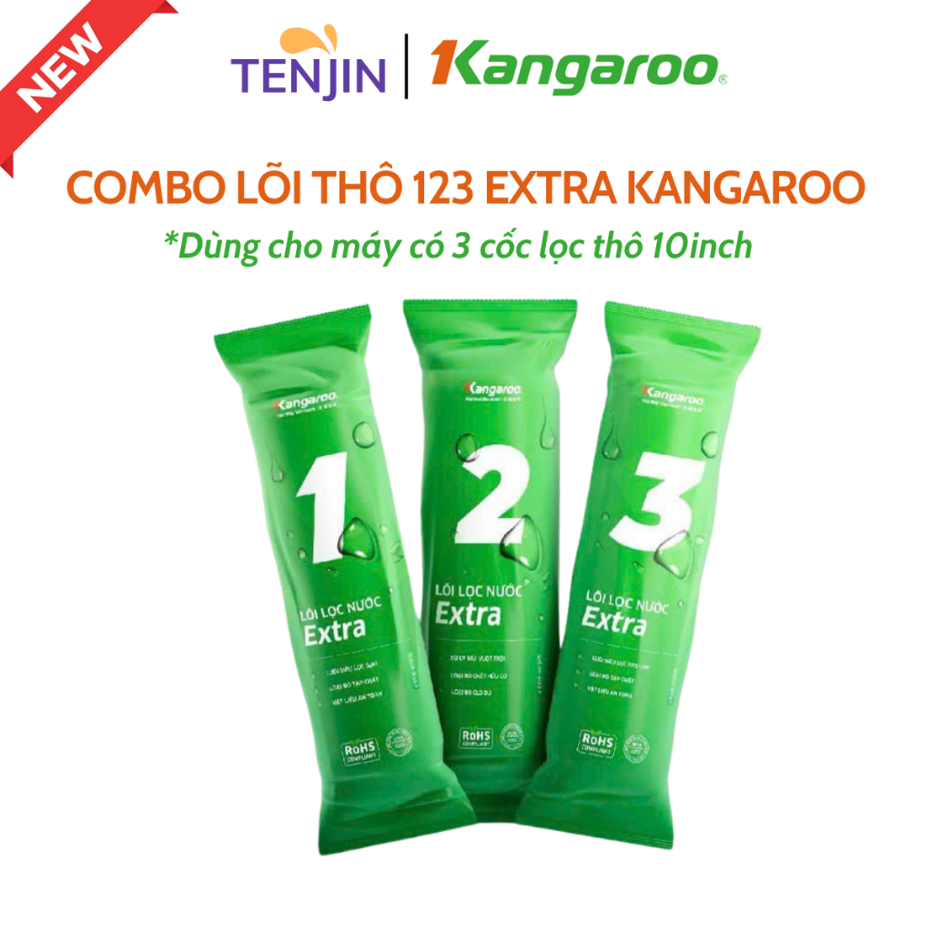 Bộ 3 Lõi Lọc Nước Kangaroo 123 Extra (Loại Vỏ Mới Nhất)- Hàng Chính Hãng Thay Thế Cho Máy Có 3 Cốc Lọc 10 inch