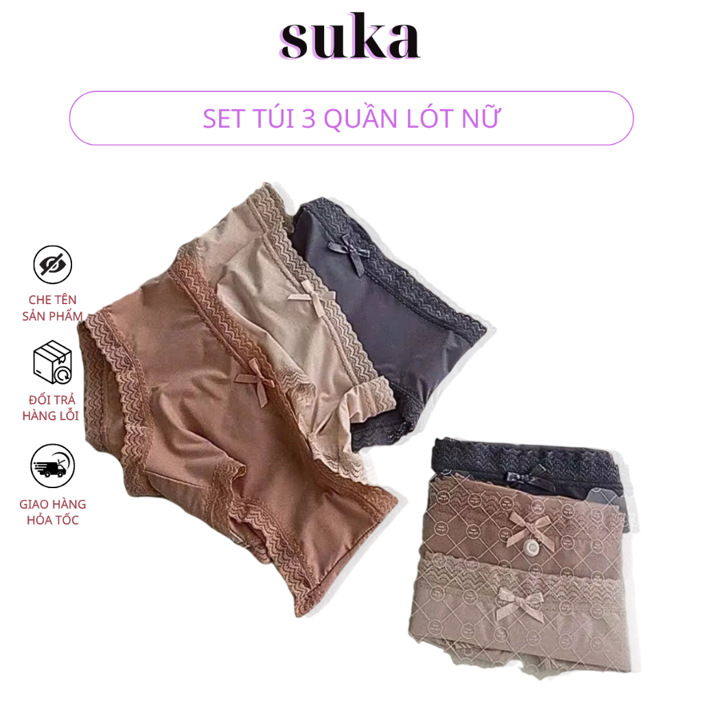 Set Túi Combo 3 Quần Lót Lụa Su Đúc Nữ, Phối Nơ Viền Ren M301
