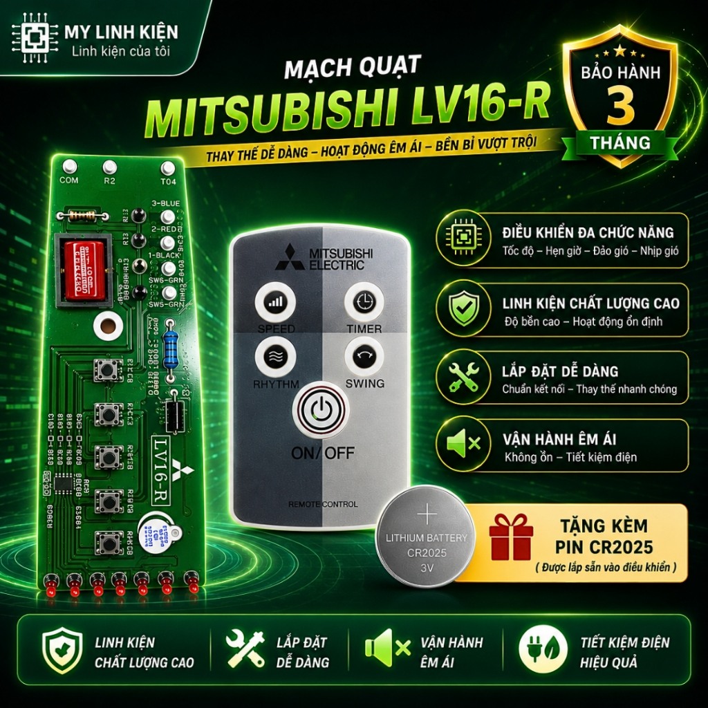 Mạch quạt điều khiển từ xa Mitsubishi LV16-R đứng, bo mạch quạt cây ...