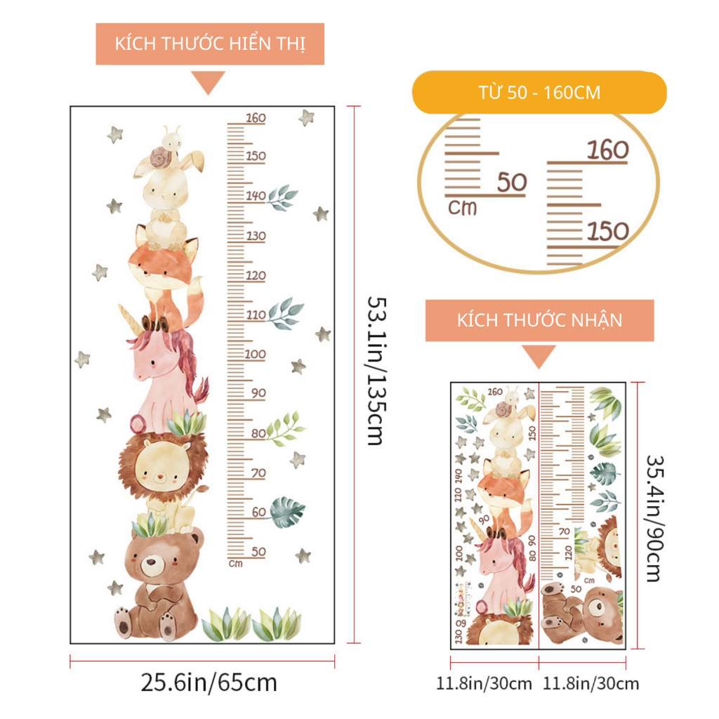Decal Dán Tường Đo Chiều Cao Động Vật Trong Rừng Đáng Yêu Có Keo Sẵn 65x135cm - Trang Trí Phòng Bé