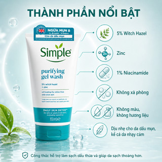 Combo sữa rửa mặt + nước tẩy trang Simple cho da dầu mụn, giảm nhờn, làm sạch da mặt, ngừa mụn ẩn