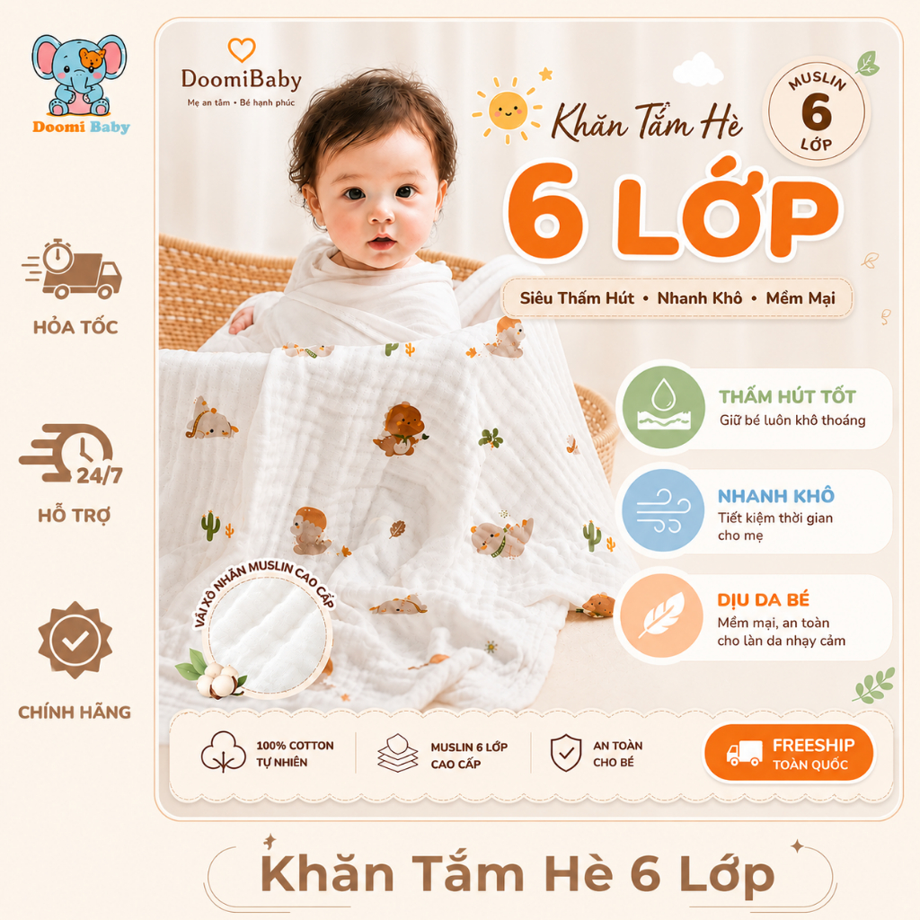 [Giá Sỉ] Khăn Tắm Hè Siêu Thấm Hút Và Nhanh Khô Vải Xô Nhăn Cho Bé Mẹ&Bé 6 Lớp Doomi Baby HT618-HT720-HT834