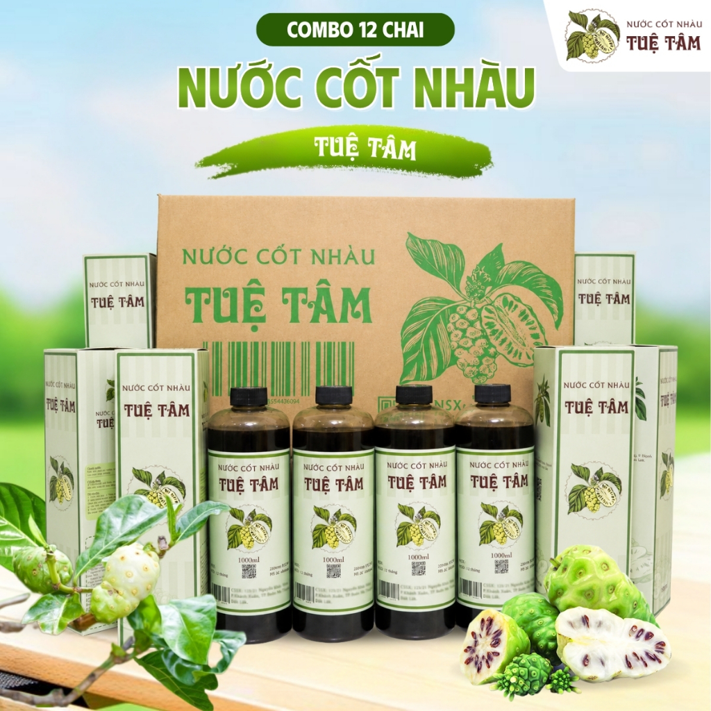 Thùng 12 chai Nước Cốt Nhàu Tuệ Tâm 100% từ trái nhàu tươi tốt cho sức khỏe - Chai 1000ml