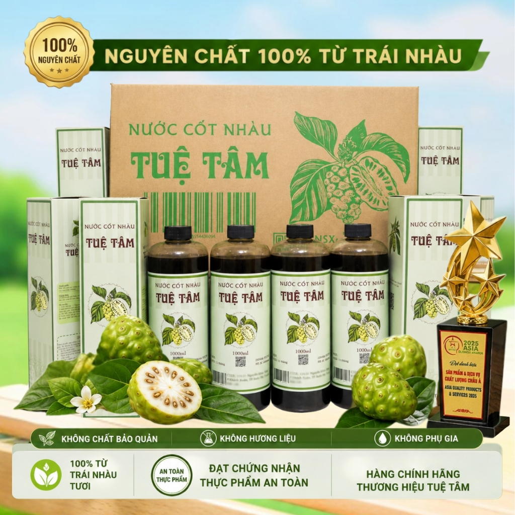 Thùng 12 chai Nước Cốt Nhàu Tuệ Tâm 100% từ trái nhàu tươi tốt cho sức khỏe - Chai 1000ml