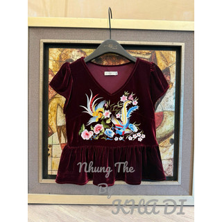Sét áo nhung the cổ tim cộc tay thêu “Phượng hoàng & mẫu đơn “ + quần xuông lụa màu be (có tách sét)