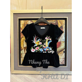 Sét áo nhung the cổ tim cộc tay thêu “Phượng hoàng & mẫu đơn “ + quần xuông lụa màu be (có tách sét)