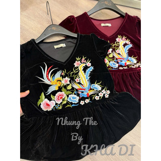 Sét áo nhung the cổ tim cộc tay thêu “Phượng hoàng & mẫu đơn “ + quần xuông lụa màu be (có tách sét)